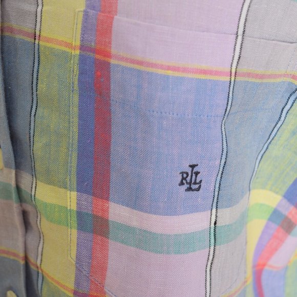 vintage 90s top Ralph Lauren linen pastel plaid button up shirt blouse M - Picture 4 of 7